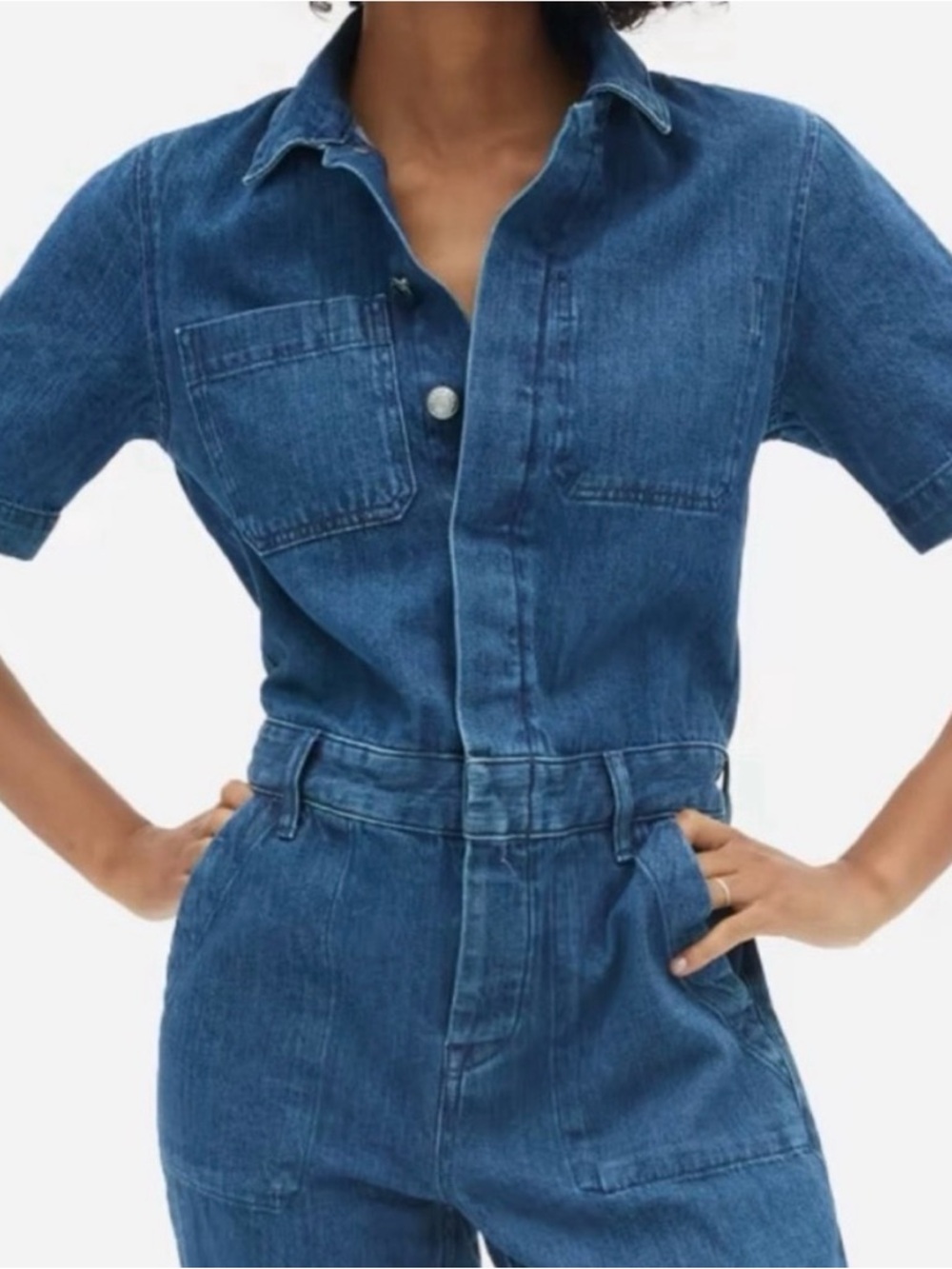 Everlane Coverall Women's 00 The Short Sleeve Denim Utility Blue Button Up Crop